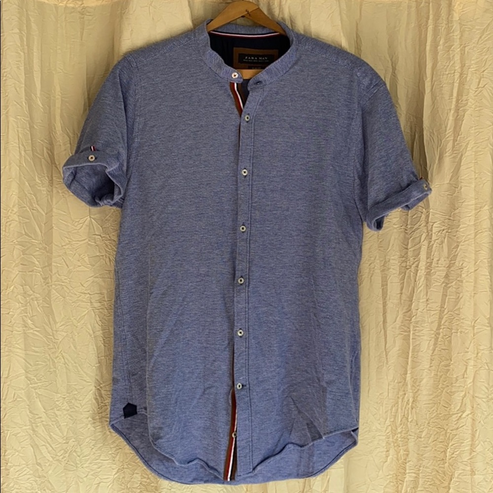 Zara Slim Fit Collarless Button Up Shirt